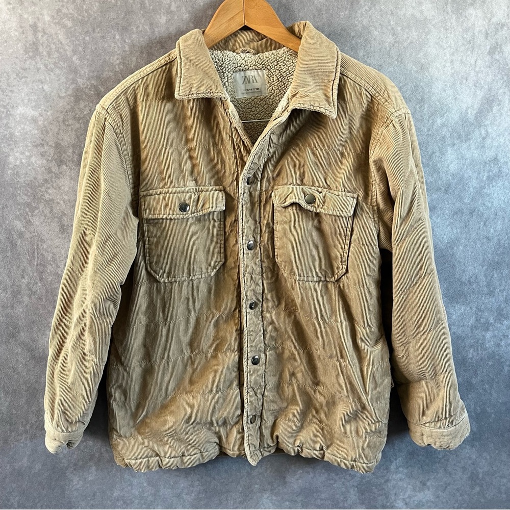 Zara Womens Corduroy Jacket Beige Size 13-14 Thick Lined Button Down w/ Pockets